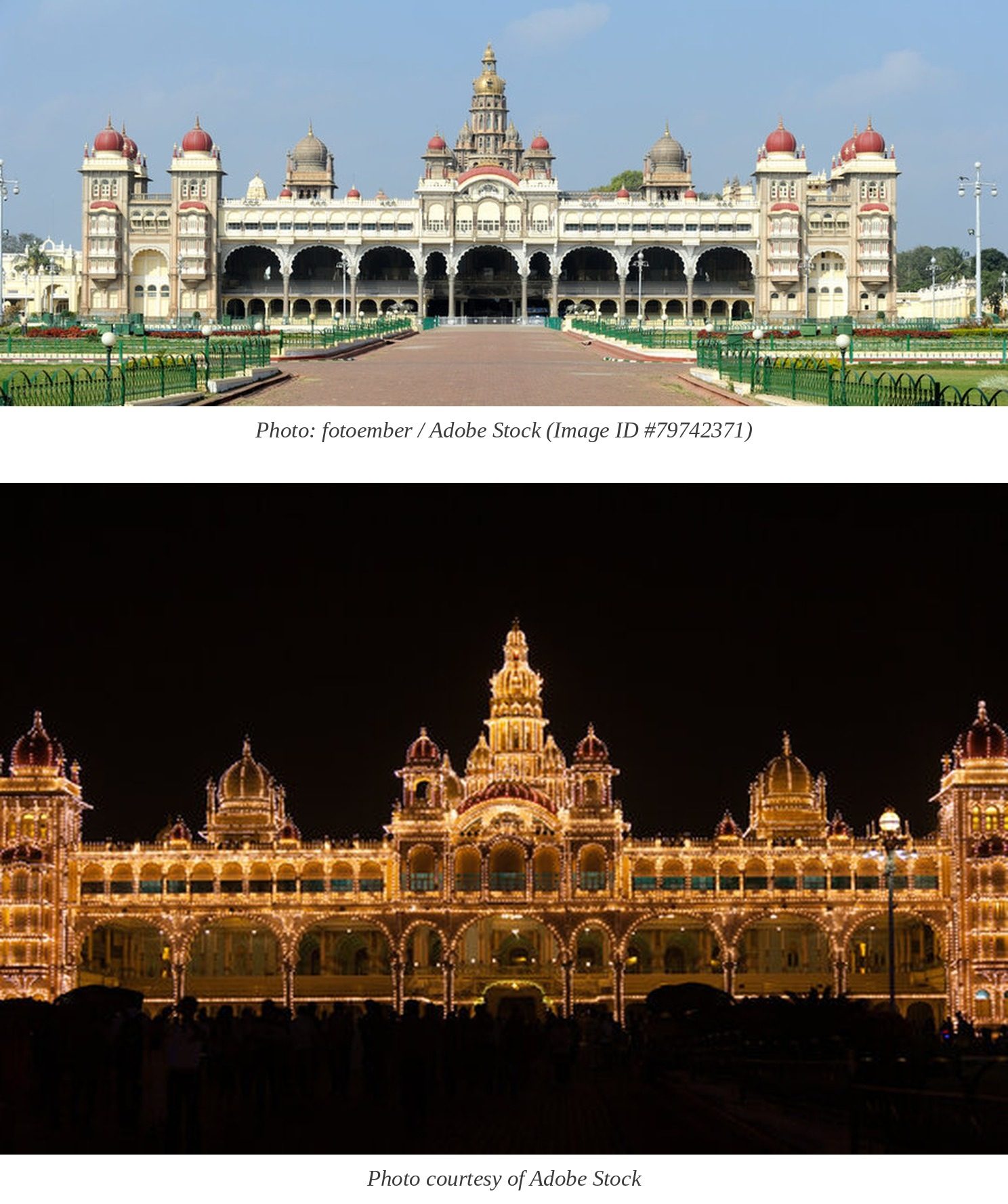 Mysuru Palace photographed by day and at night, its outline traced by thousands of electric bulbs