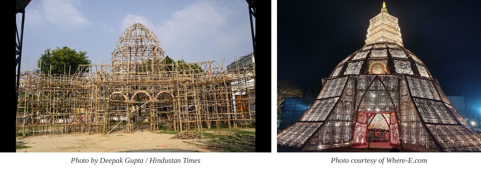 Two photographs of a Kolkata Durga Puja pandal: the bamboo framework under construction by day, and the finished pavilion lit at night