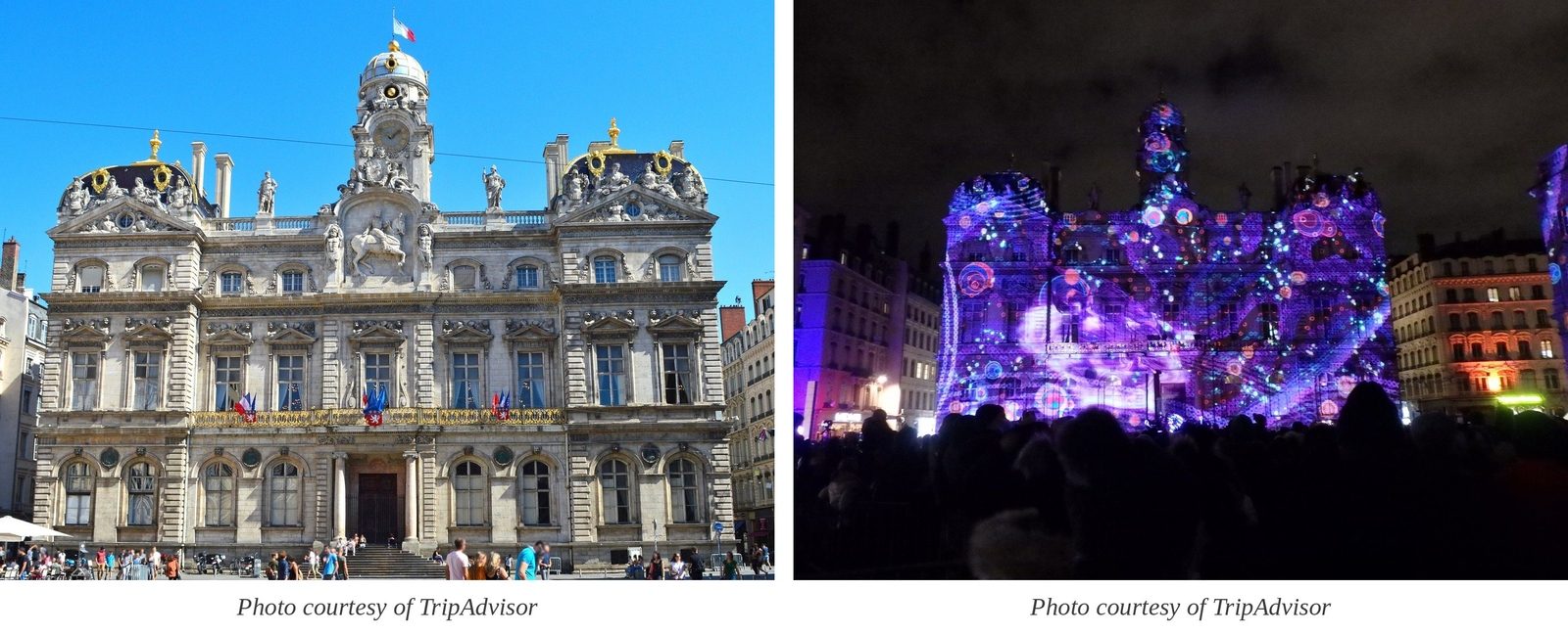 Two photographs of Lyon City Hall on Place des Terreaux: the façade by day, and the same façade under coloured projection during the Festival of Lights