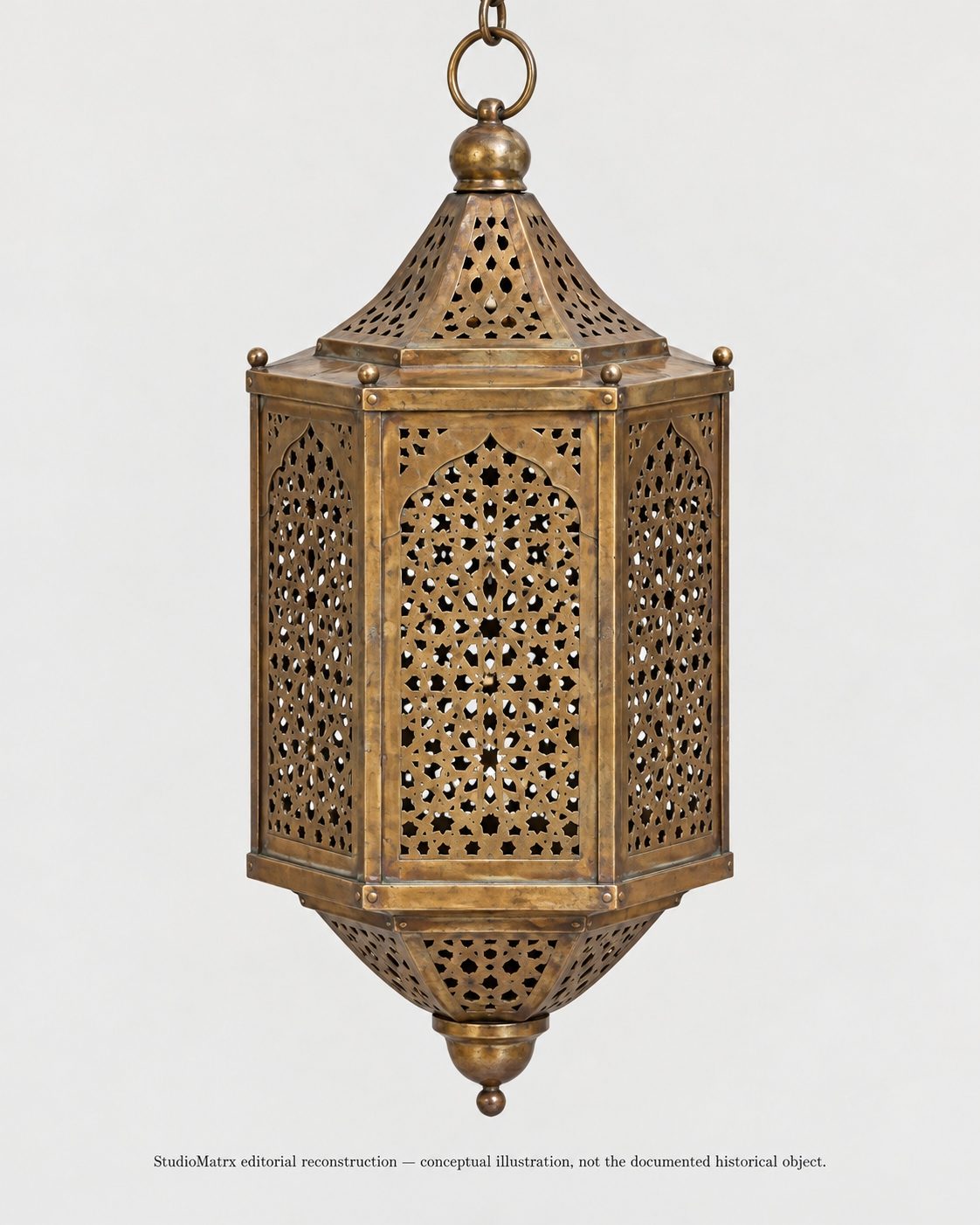 Illustration: a hexagonal pierced-brass hanging lantern with a pointed perforated cap, a finial below and a suspension chain