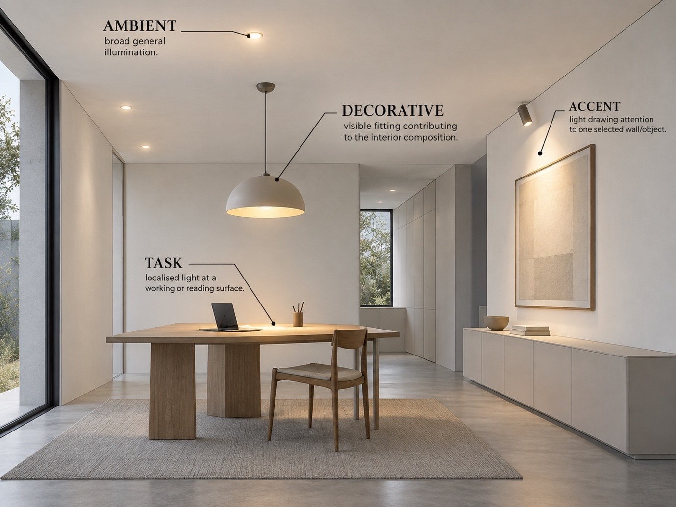 A living-dining interior annotated with the four lighting layers: ambient, task, accent and decorative