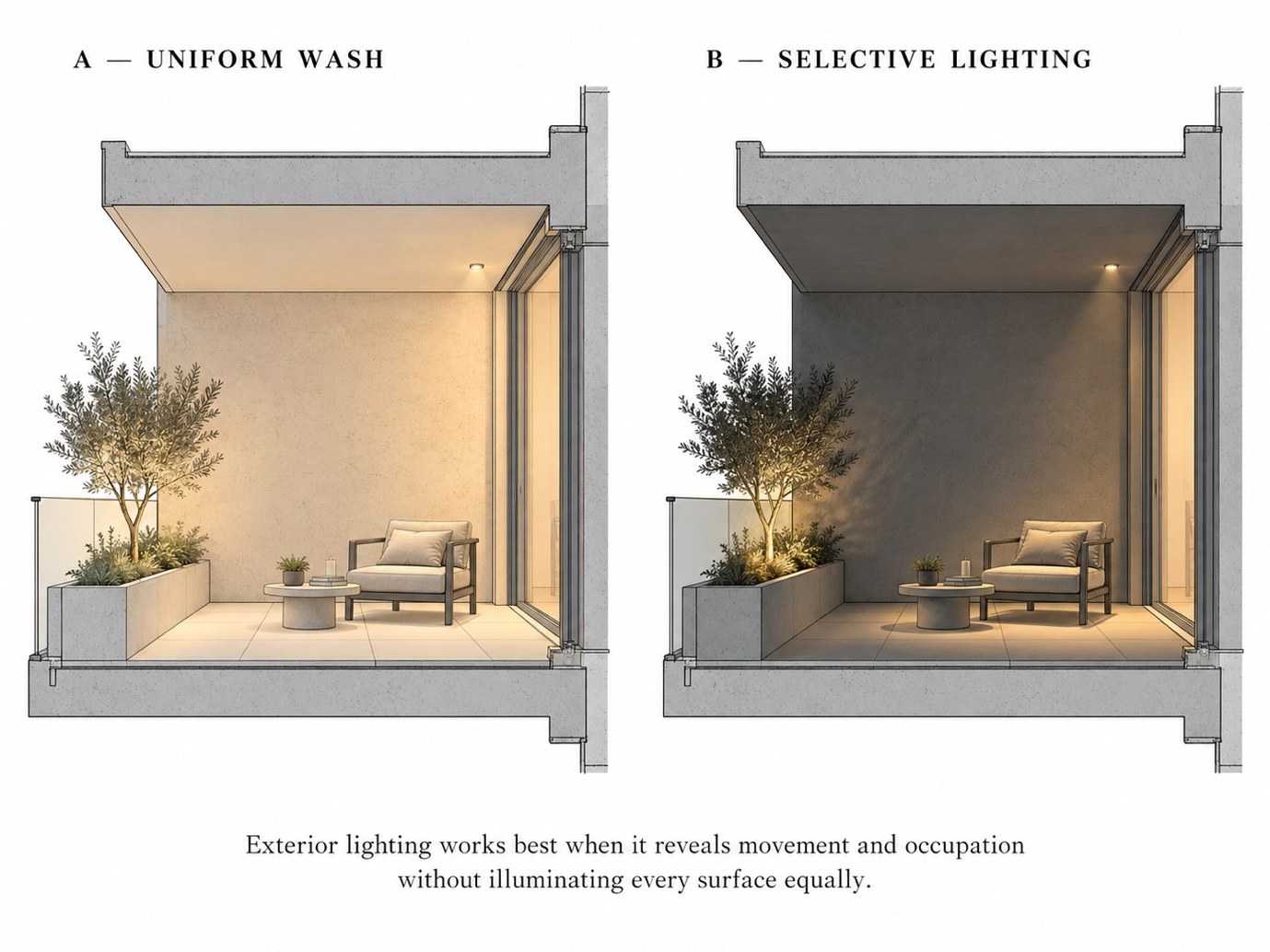 Two balcony sections comparing a uniform wash with selective lighting