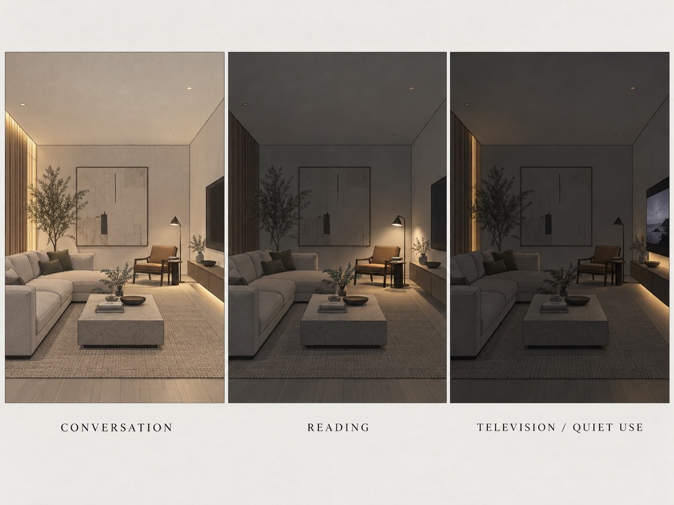 The same living room shown three times — lit for conversation, for reading, and for television or quiet use