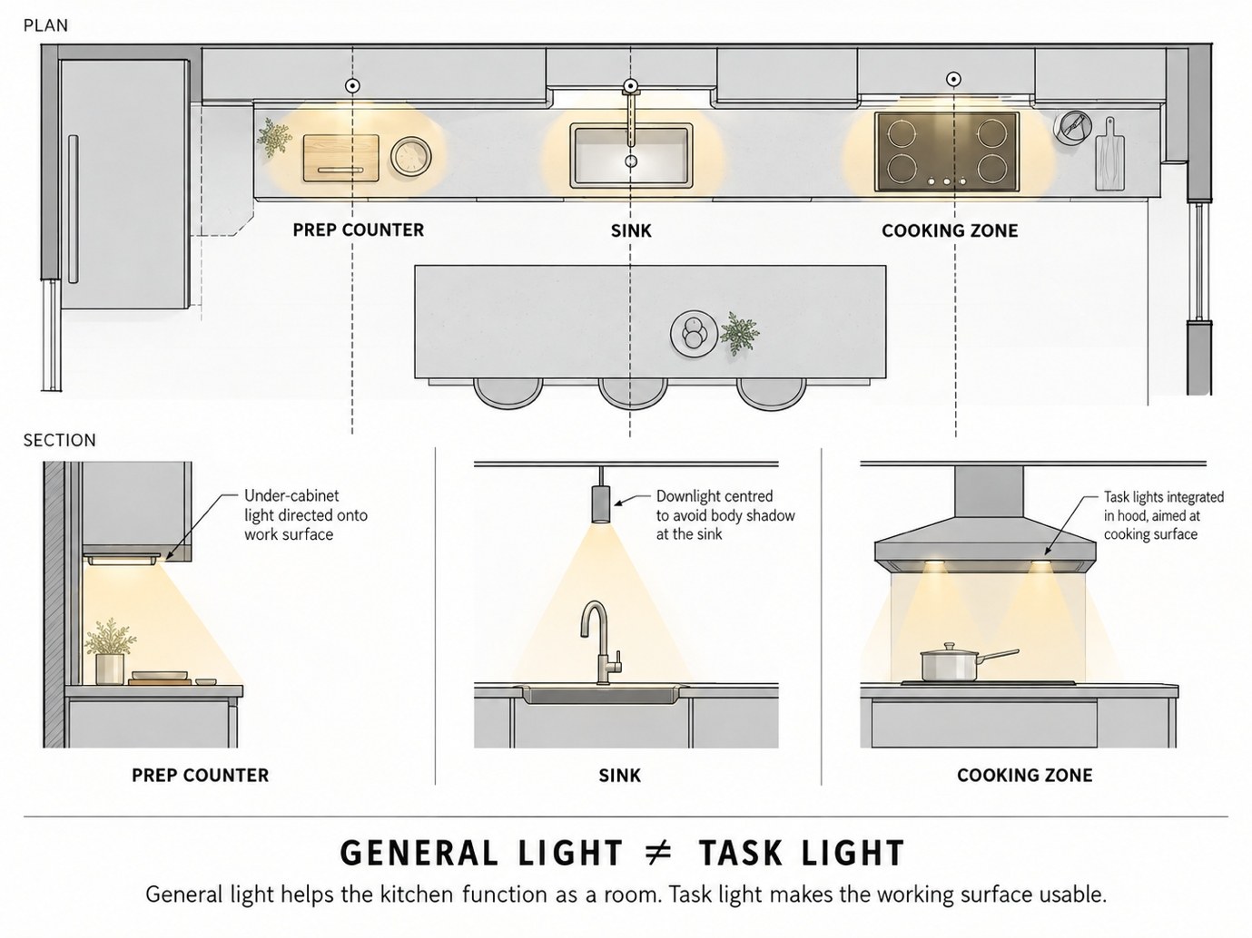Kitchen plan and sections showing task light at the prep counter, sink and cooking zone — general light is not task light