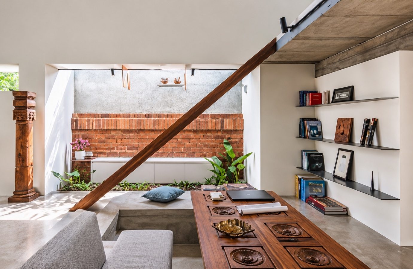 The conversation area — a carved timber table, seating, brickwork, shelving and the diagonal stair