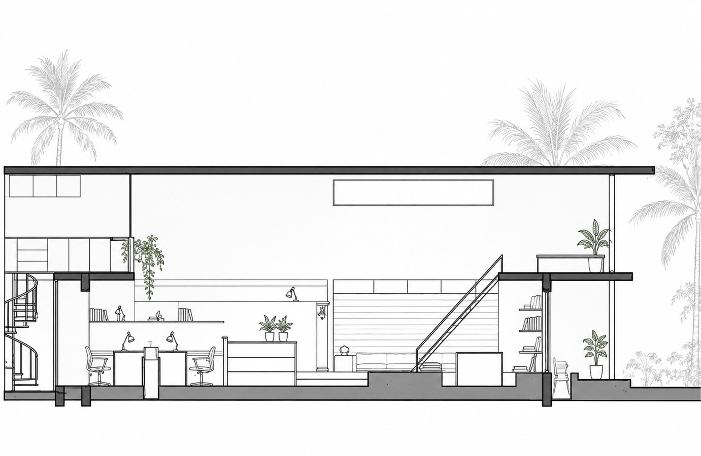 East–west section through The Violet Office showing the mezzanine platforms and the taller central volume