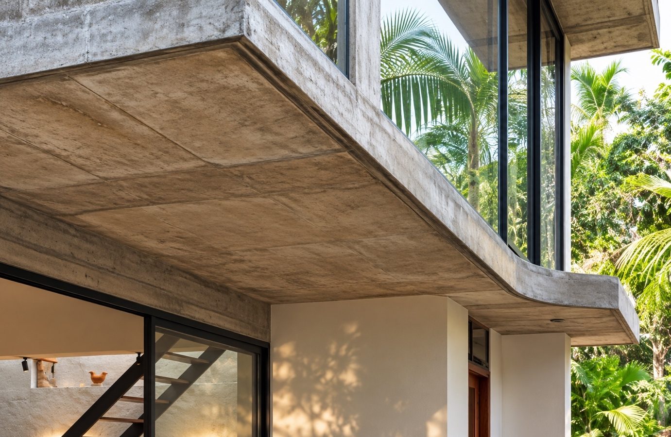 Exterior corner of The Violet Office — the underside of a projecting concrete slab above glazing, with palms beyond