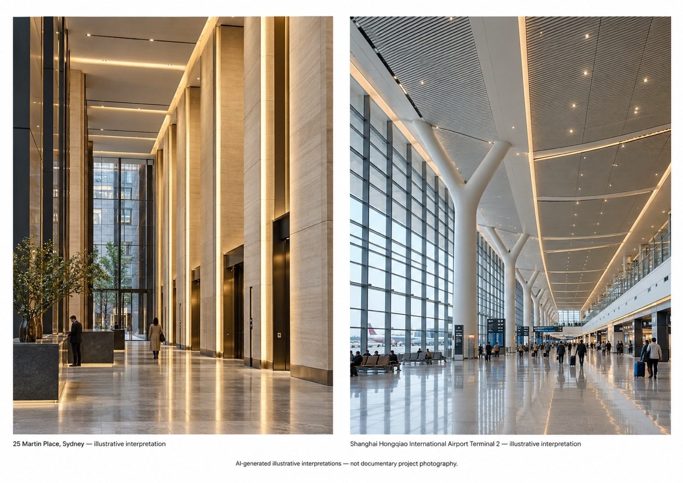 Illustrative interpretations of 25 Martin Place, Sydney, and Shanghai Hongqiao International Airport Terminal 2