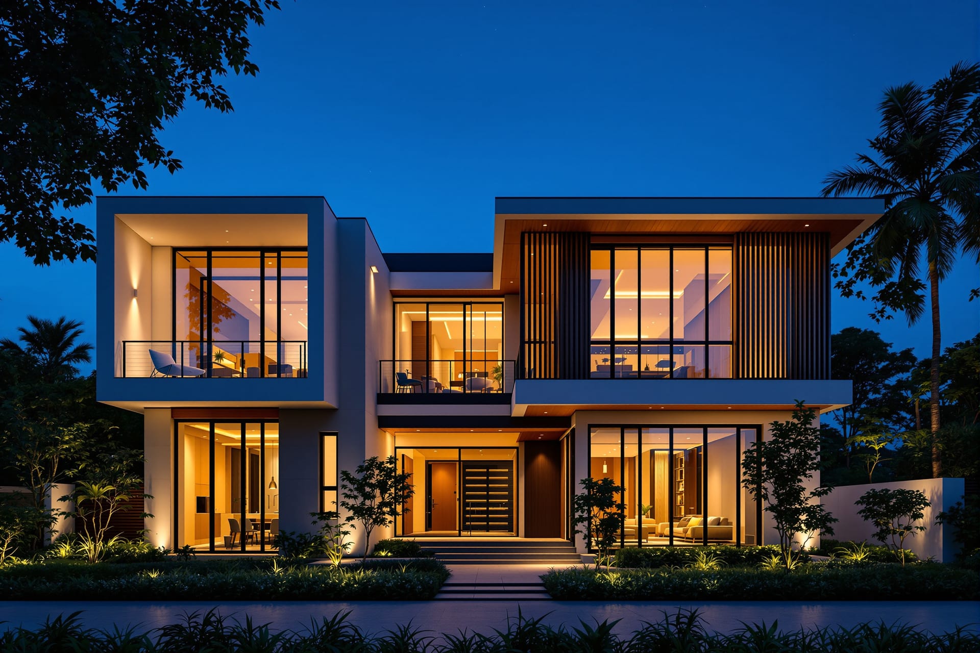A modern Indian house at blue-hour twilight — warm interior light against a deep blue sky, a hero three-quarter view with straight verticals