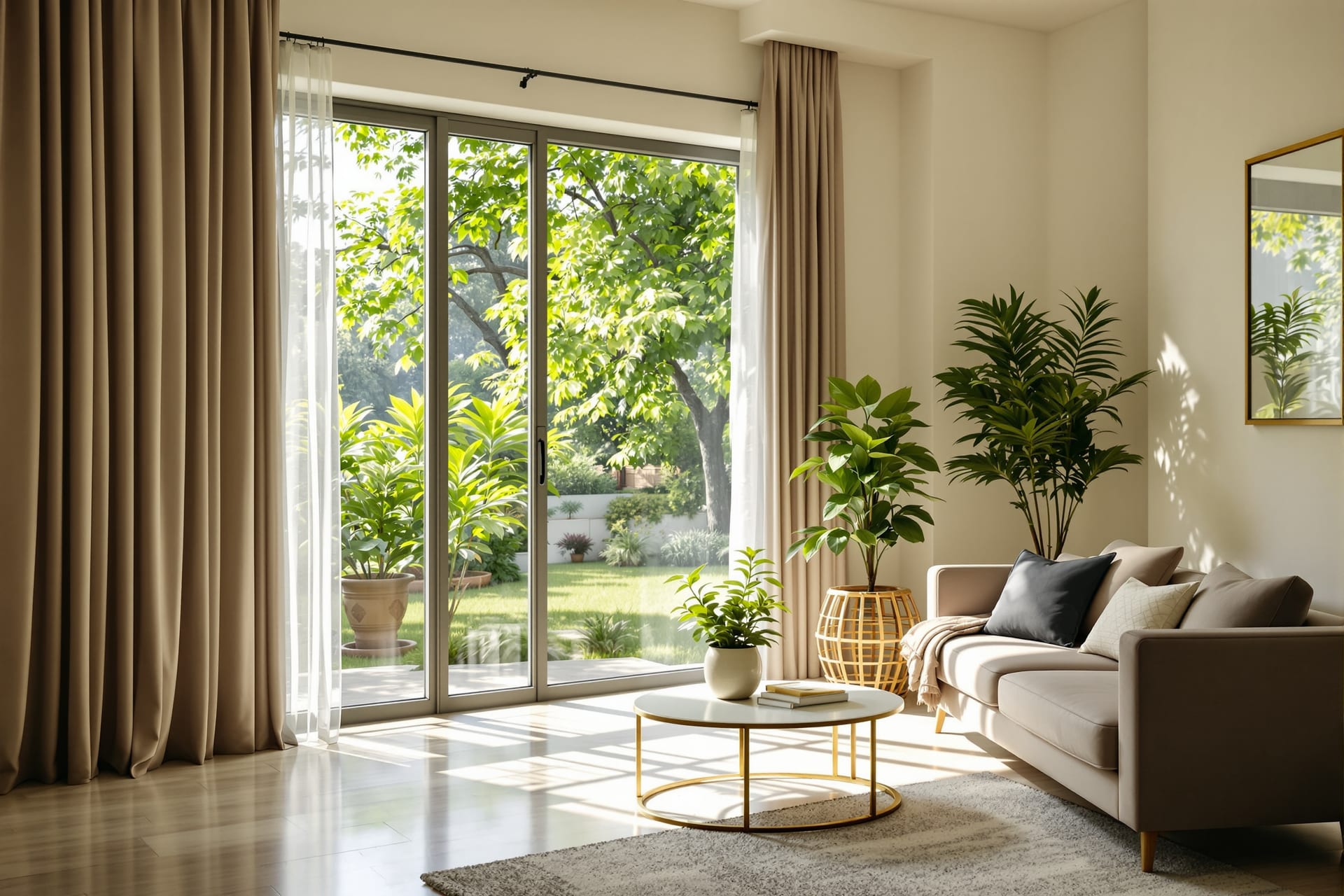A bright interior where the window's garden view stays correctly exposed while the room is fully lit — balanced exposure in practice