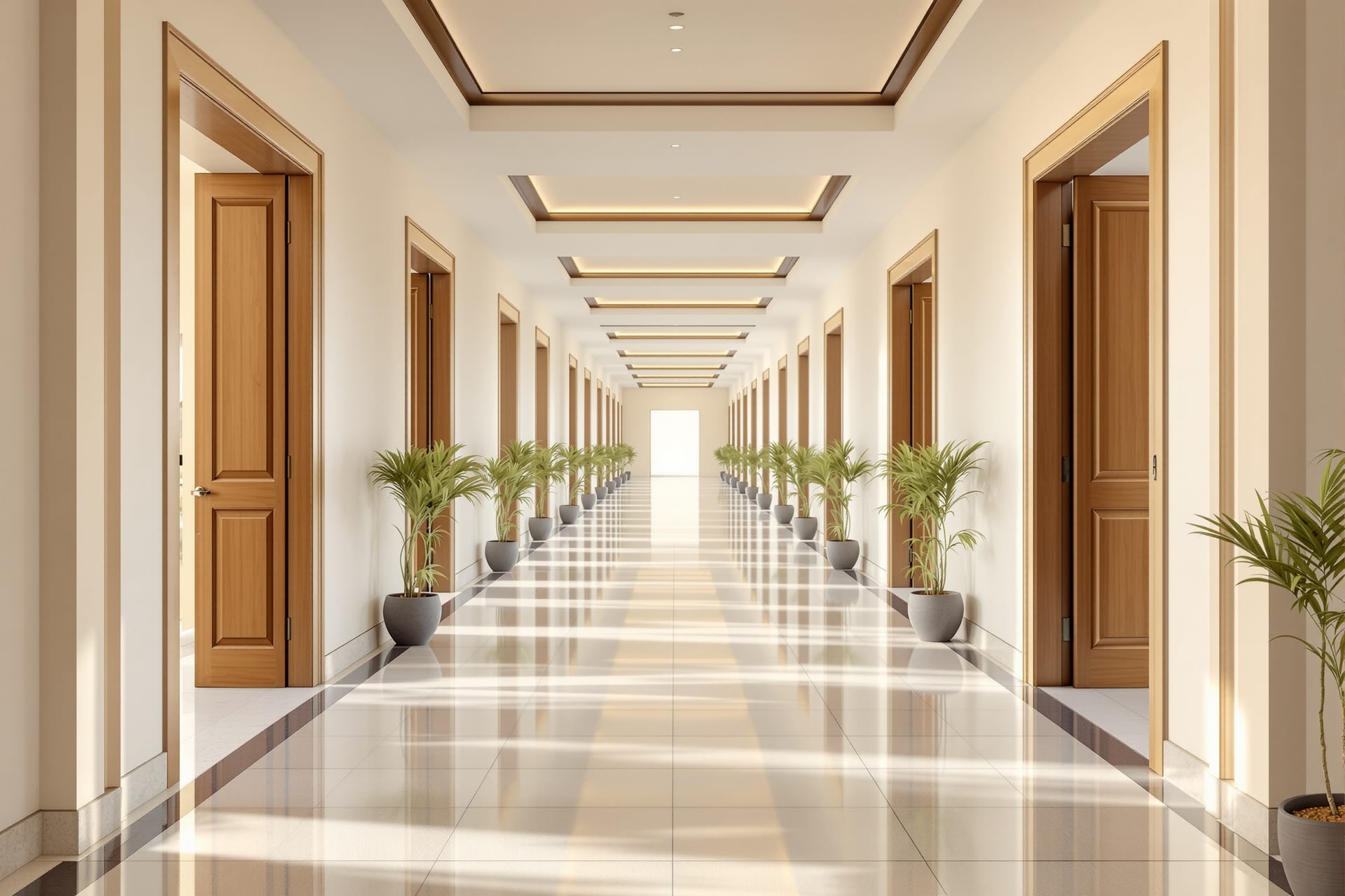 A symmetrical one-point perspective interior — a central axis receding to a single vanishing point, formal and calm