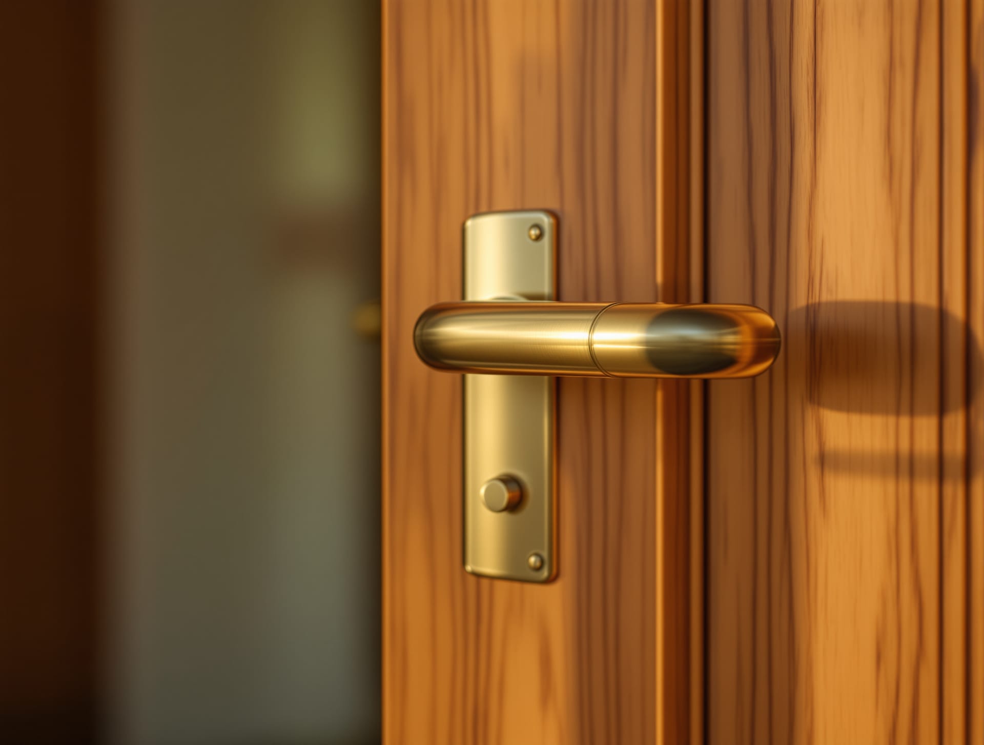 A detail shot — a brass lever on a teak door under soft raking light, telling the material story a wide shot cannot