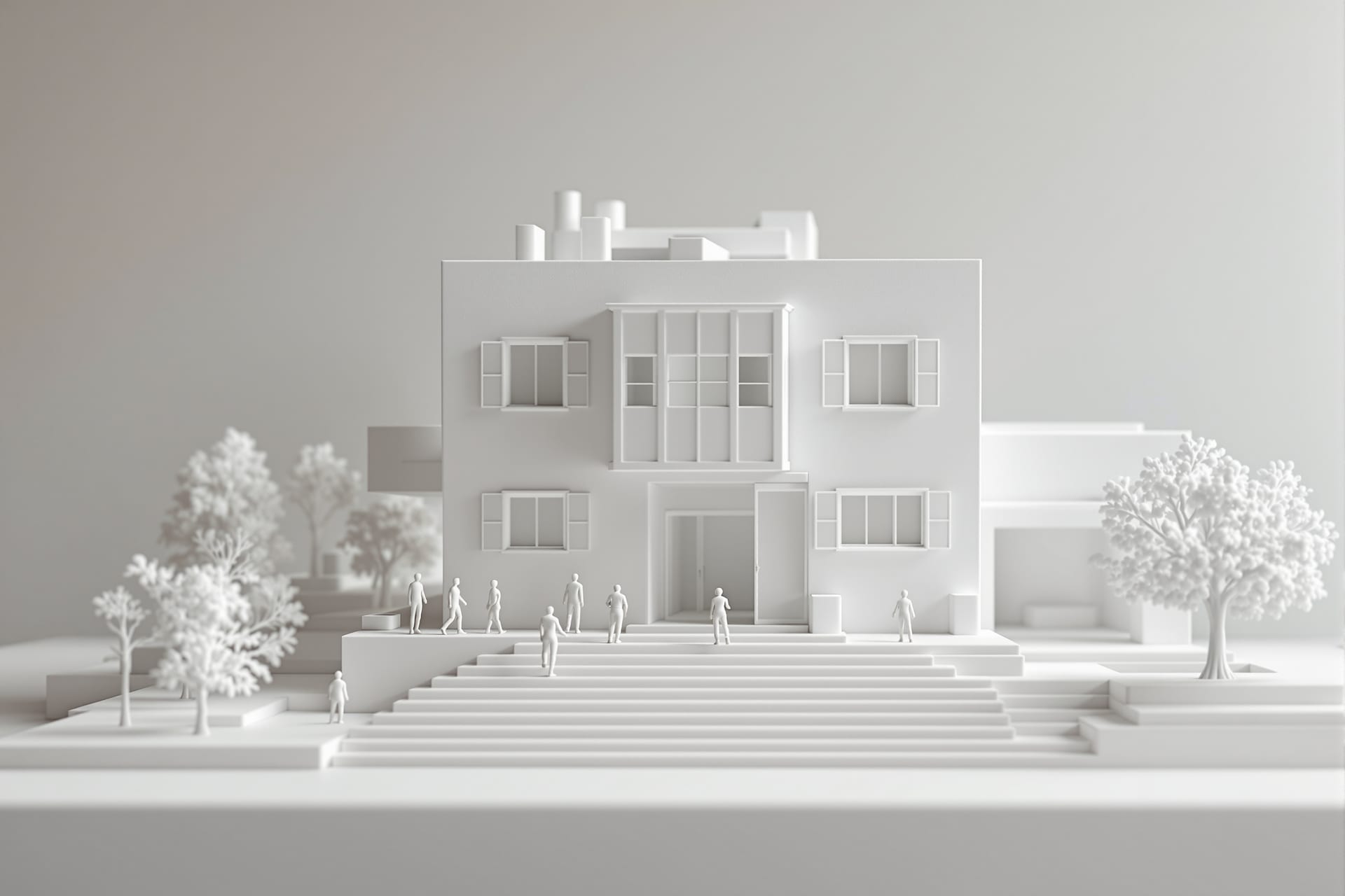 An eye-level model shot with tiny scale figures on the steps — the model reads as a real, inhabited building