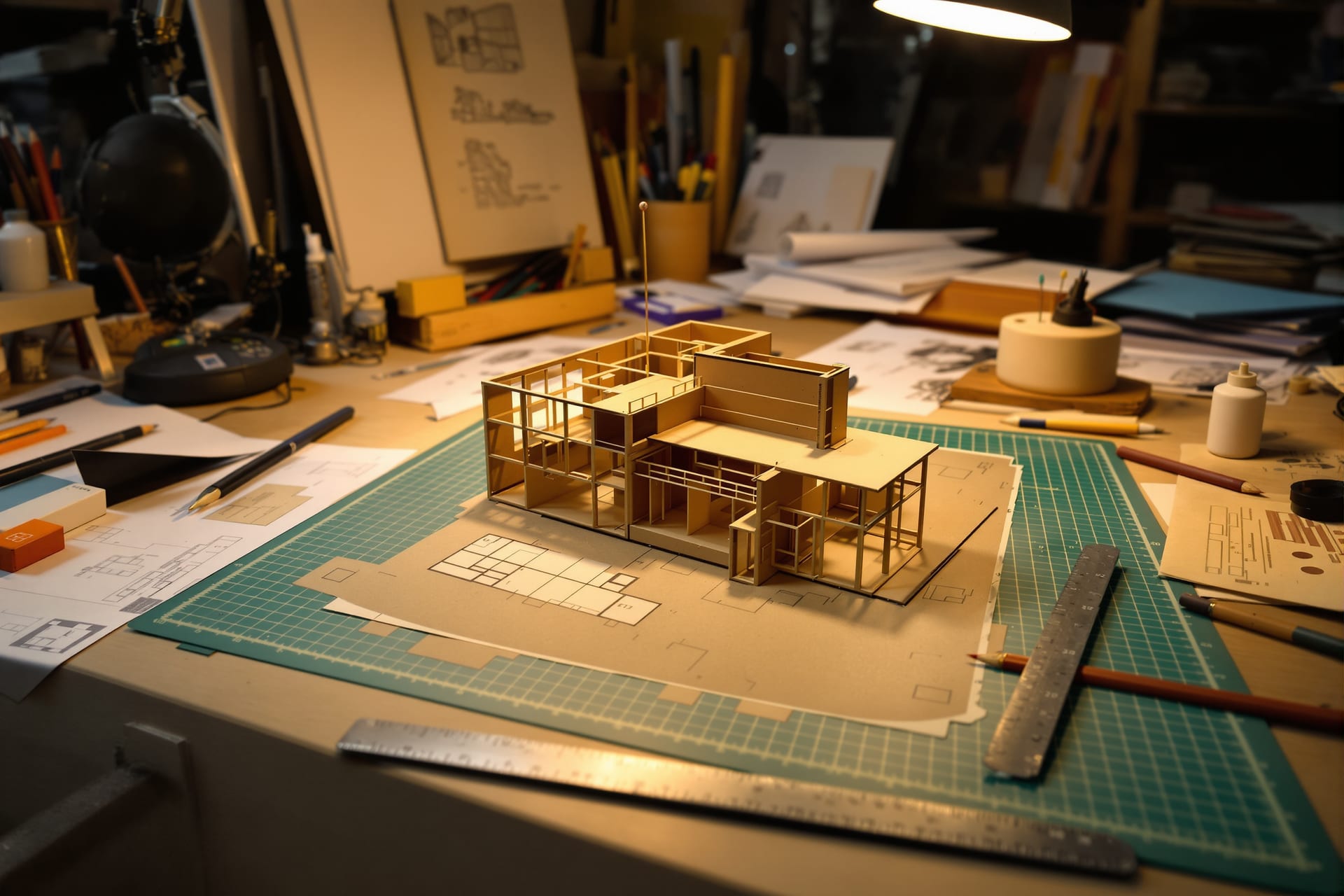 A half-built model on a cutting mat amid sketches, knife and ruler — documenting the process as it happens