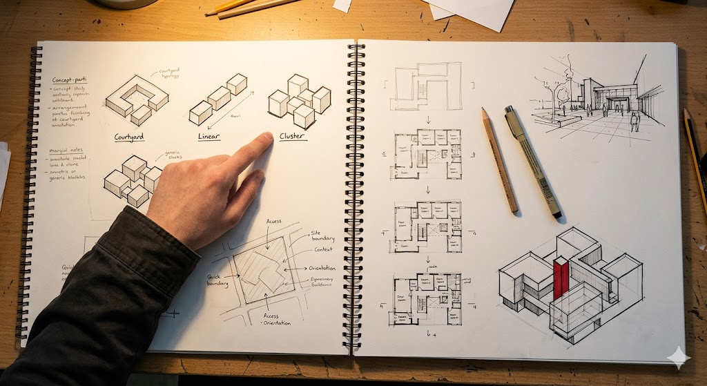 Student's sketchbook spread — open A2 sketchbook showing a Year-2 design-studio process page with concept parti diagrams, plan iterations, axonometric study, and a small perspective sketch