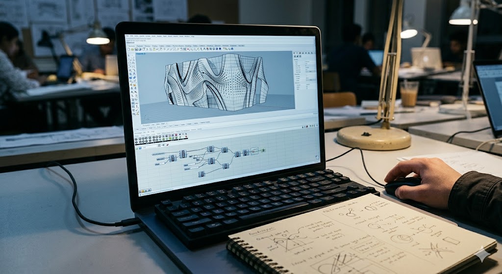 Parametric modelling in Rhino with the Grasshopper visual-script canvas — a complex curved facade panel system being driven by component nodes, the architect's hand on the mouse, sketched script-logic notes alongside
