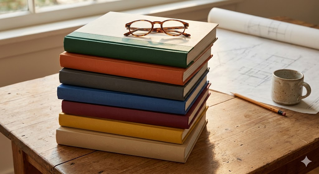 Curated stack of architecture books with reading glasses on top — afternoon window light, rolled architectural drawing alongside, architect's pencil and ceramic mug in soft focus