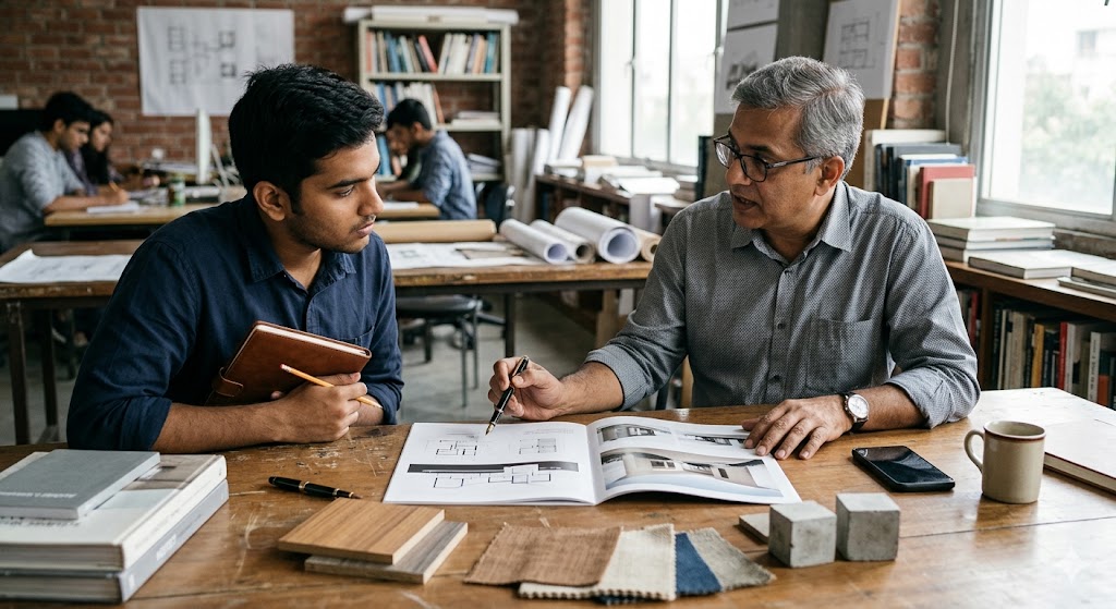 Architect mentor reviewing a student's printed portfolio across a wooden table — student listening attentively, mentor gesturing at a project spread with a fountain pen