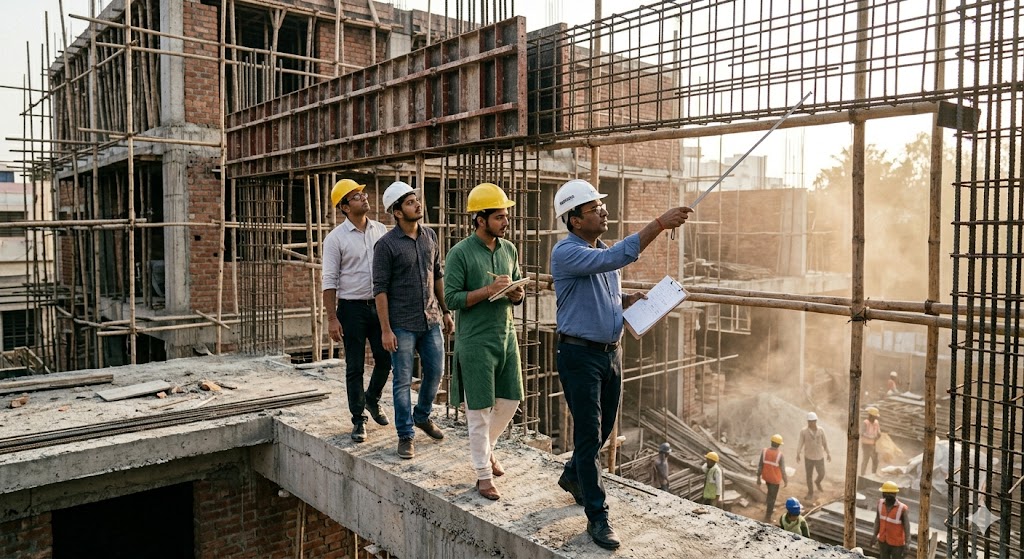 B.Arch students on a residential construction site visit — three students in safety helmets observing exposed reinforcement and beams, site engineer gesturing at a structural detail, late-afternoon light