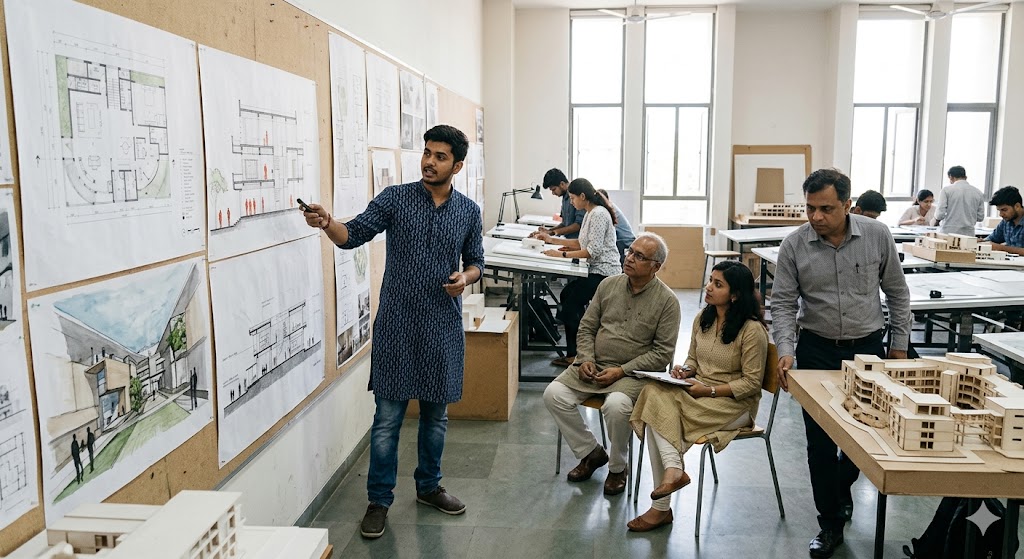 B.Arch studio jury — Year-4 student presenting at a pin-up wall with three large drawings, faculty jury panel of three reviewing, model on a side table, daylight from studio windows