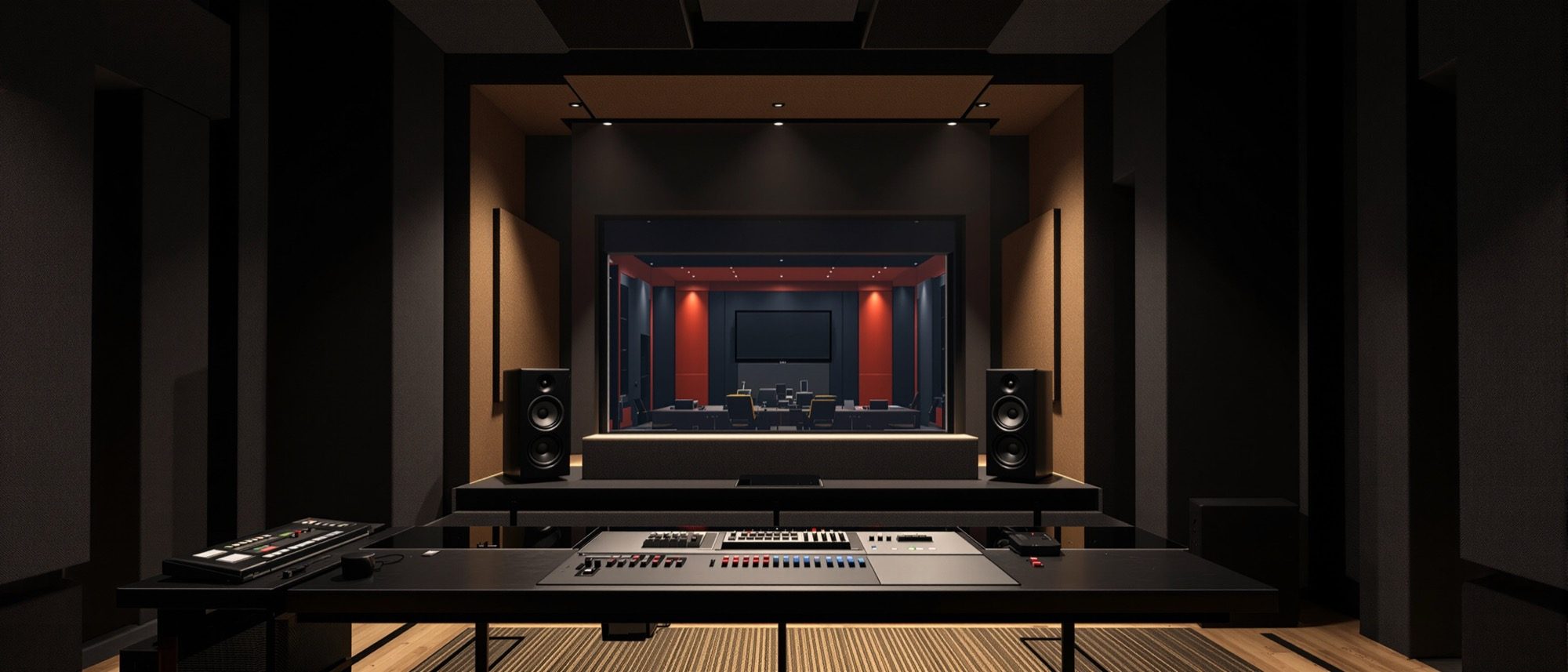 A recording-studio control room with thick wall treatment, corner bass traps and a double-glazed isolation window — insulation, not just absorption.