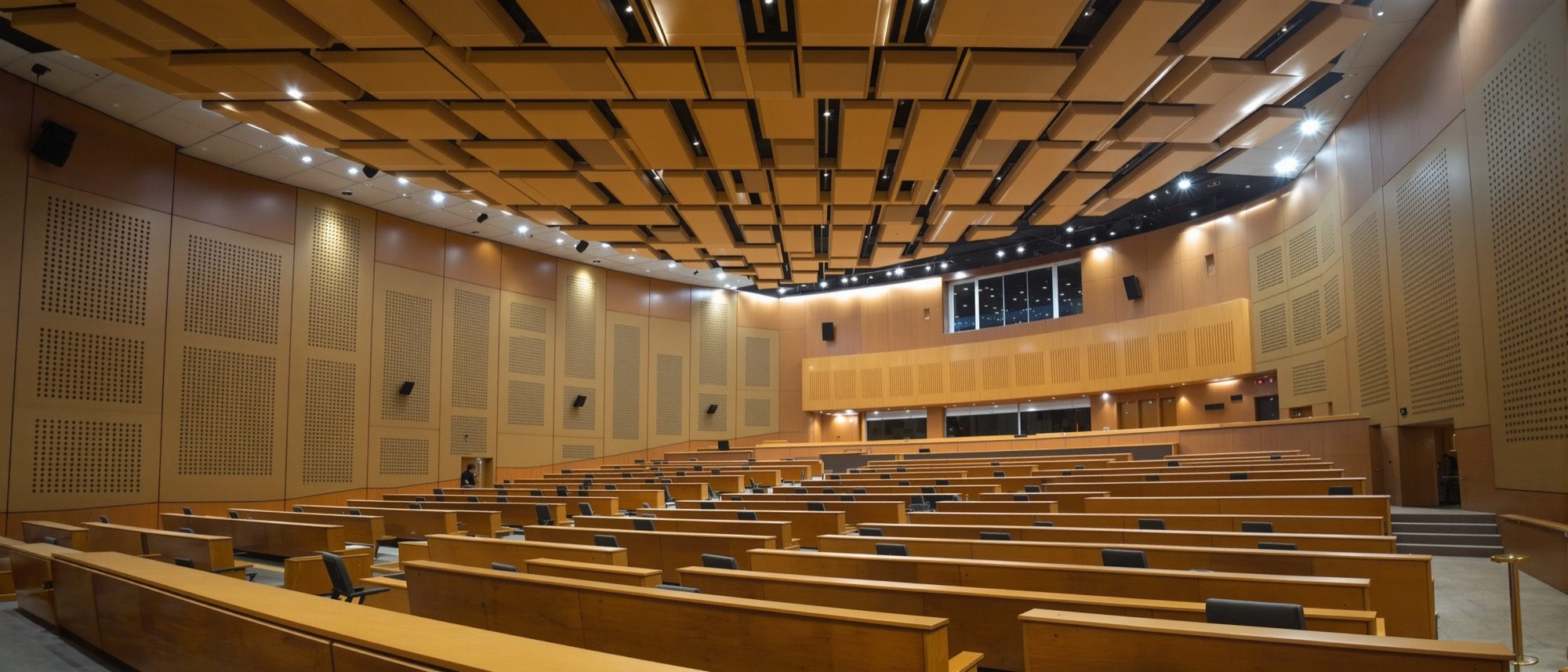 A modern lecture hall with perforated acoustic timber walls and a baffled ceiling — room acoustics designed for clear speech.