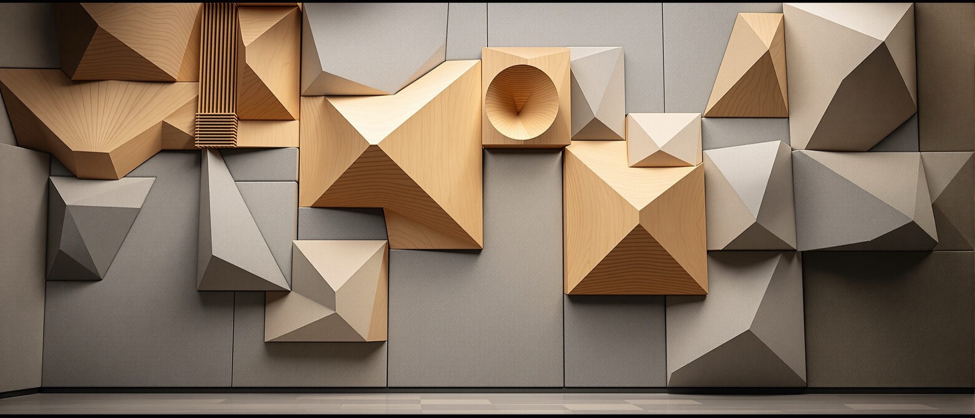 A wall of acoustic treatment — geometric timber diffusers beside soft absorption panels, the two tools that shape a room's reverberation.