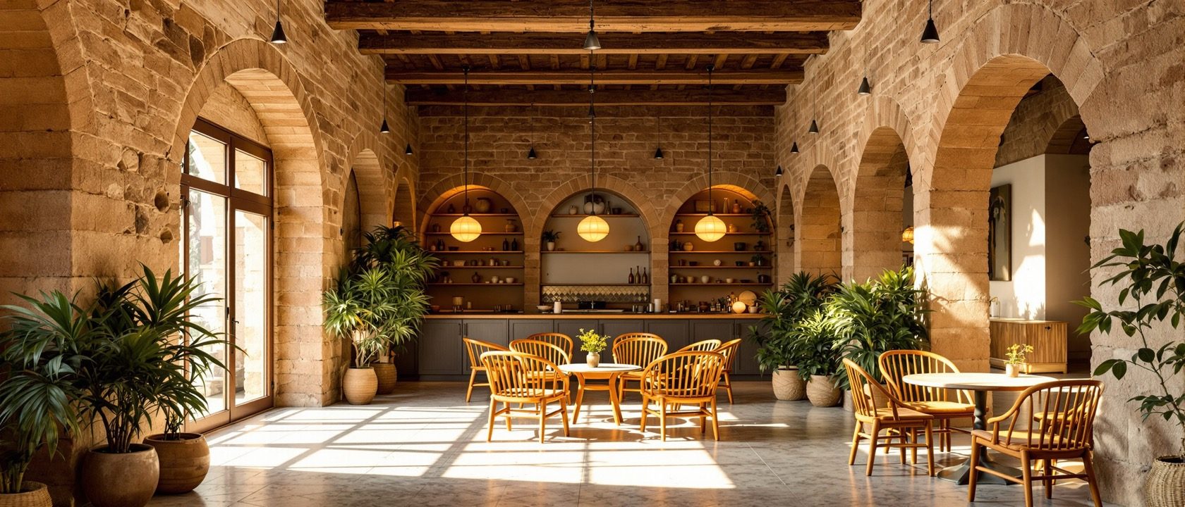 A finished adaptive-reuse interior — an old stone mill or haveli converted into a warm modern studio, exposed original structure paired with simple new furniture and plants, warm daylight, no people, no legible text