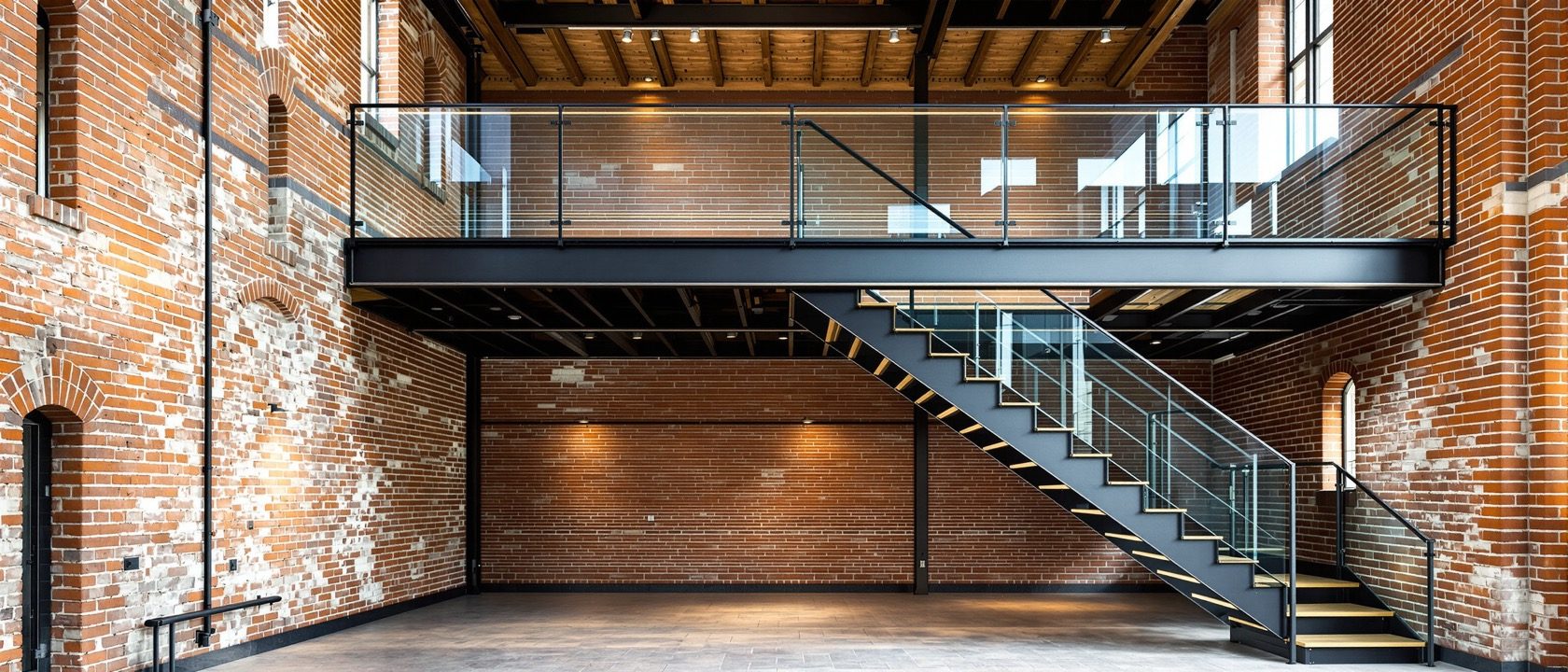 A new lightweight steel-and-glass mezzanine and stair inserted inside an old raw masonry shell — crisp new against weathered old brick and timber, warm daylight, no people, no legible text