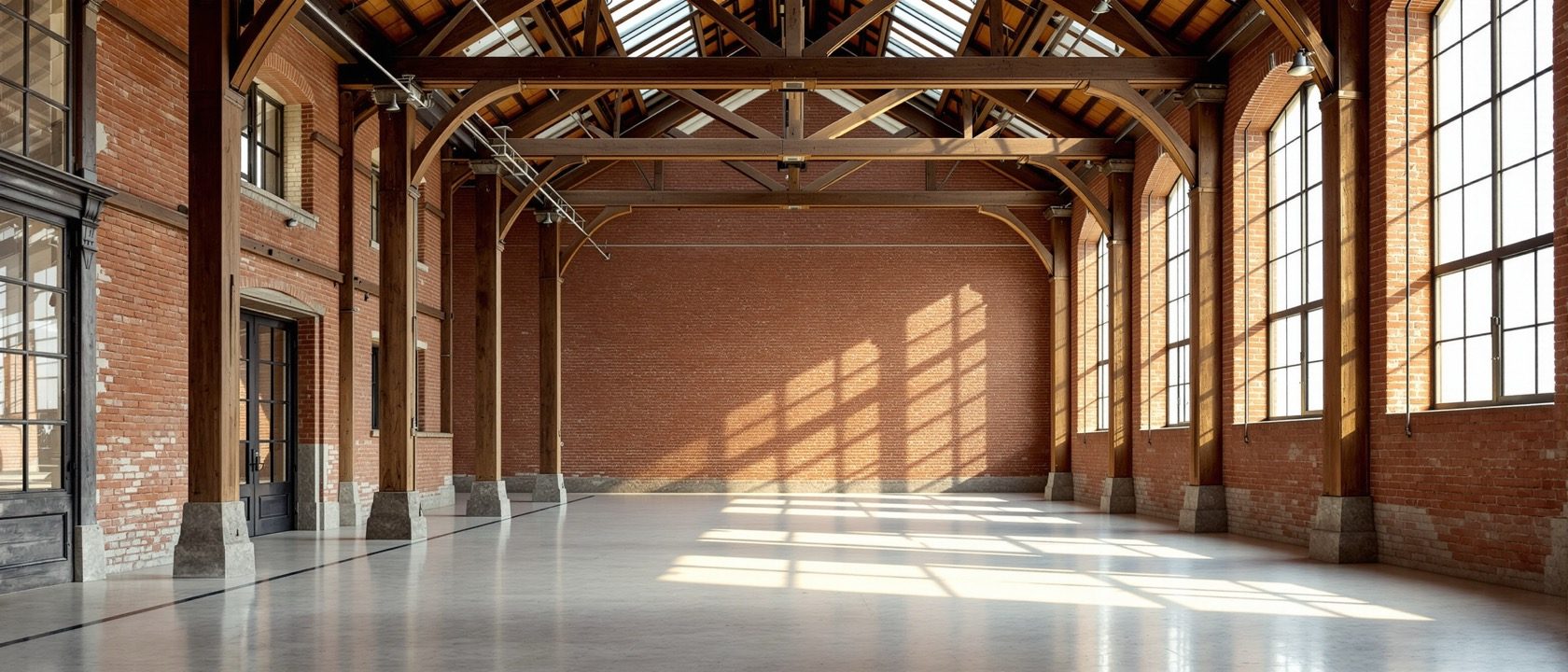 The interior of an old brick-and-timber warehouse reborn as a light, modern space — exposed brick, original timber beams, new glass, warm daylight, no people, no legible text