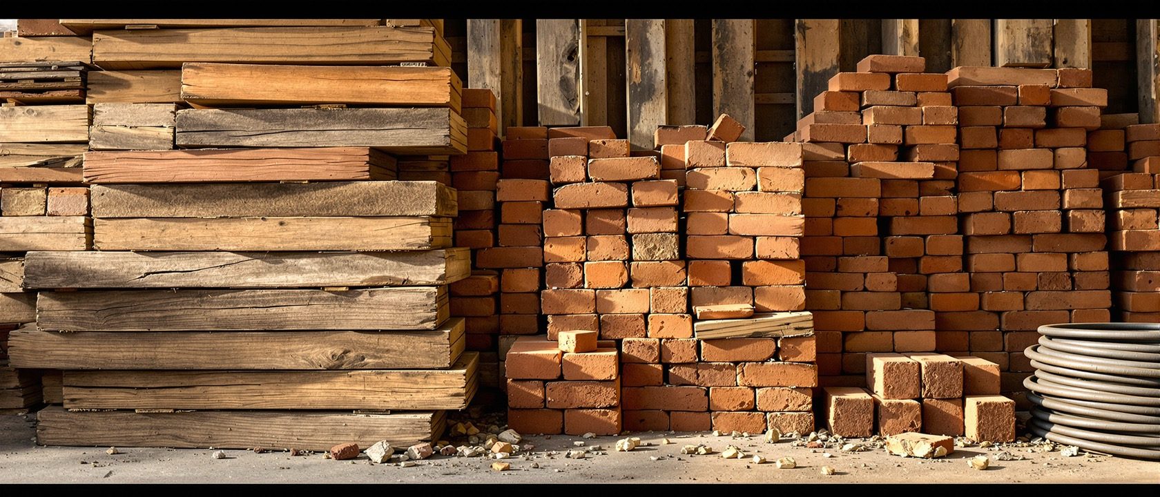 A warm, tactile still-life of reclaimed building materials — stacked weathered timber planks, piles of old clay bricks and a coil of steel — soft daylight, no people, no labels, no legible text