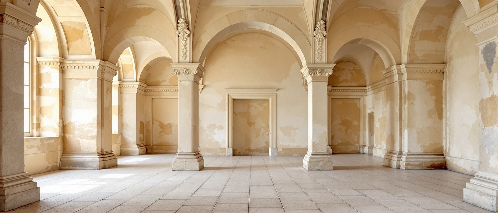 A carefully conserved heritage interior — restored lime-plaster walls, original carved stone columns and arches gently repaired, warm daylight, no people, no legible text
