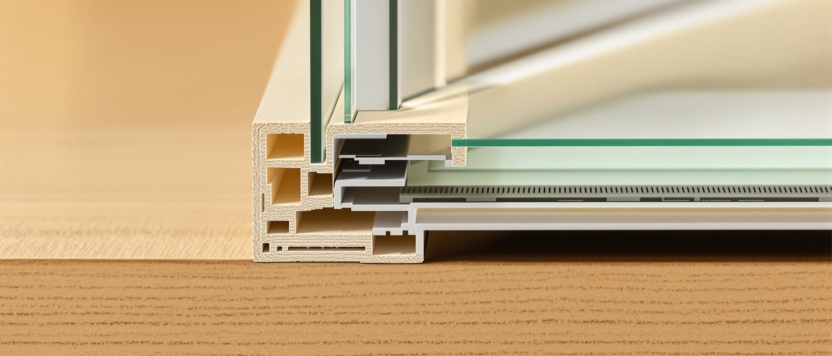 A large-scale technical section model of a window head, jamb and sill showing the frame, wall fixing and seal in layered materials, on a designer's desk in warm focused light, tactile and precise, no legible text