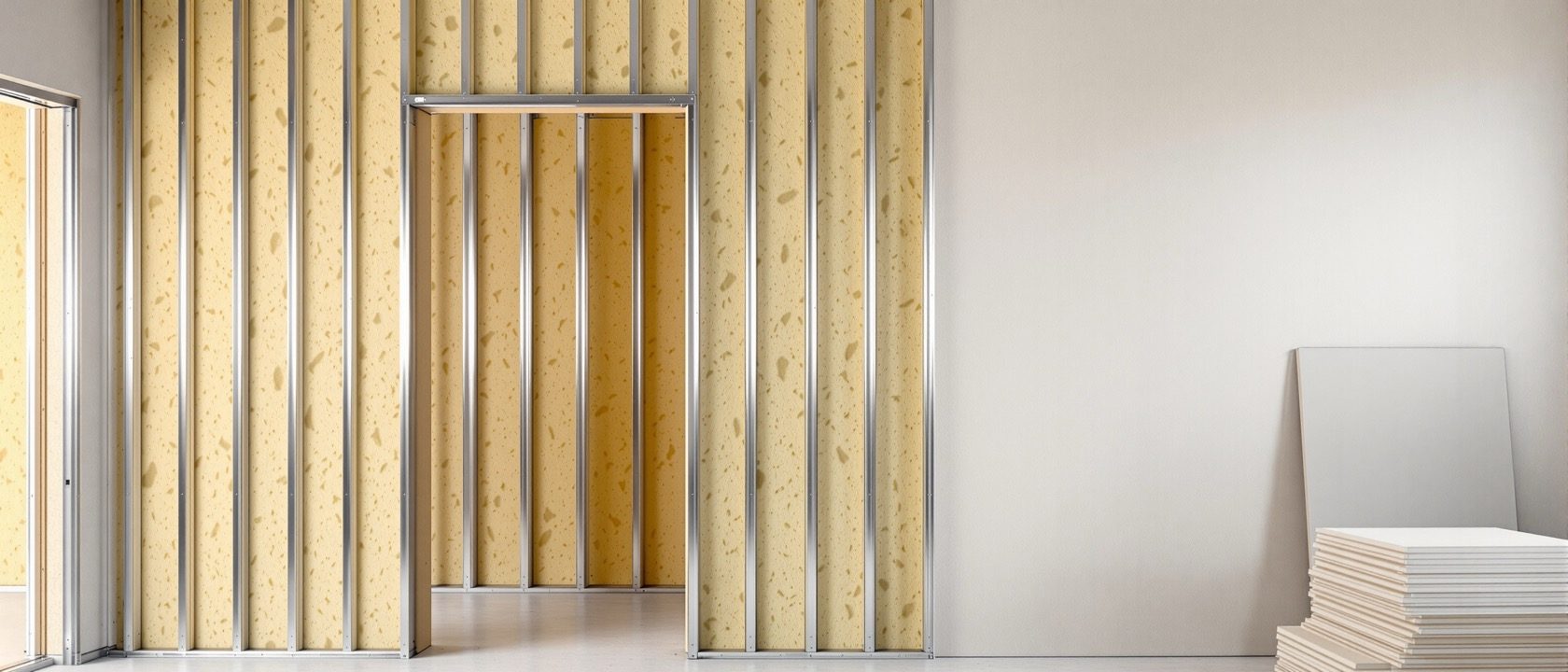 A construction site interior where a metal-stud drywall partition is half-boarded, one bay showing studs and mineral-wool insulation and the next boarded and ready, tools and boards stacked nearby, natural light, no text or signage