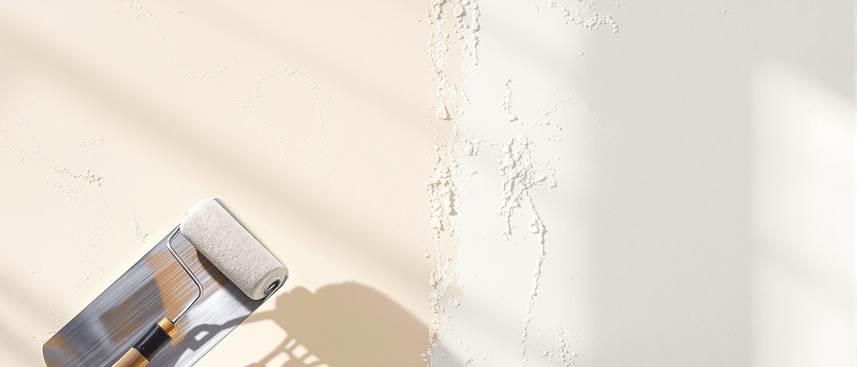 A close-up of a wall being finished, one half in smooth matt emulsion and the other in fresh white plaster with a trowel and a paint roller resting nearby, warm daylight, tactile textures, no text or labels
