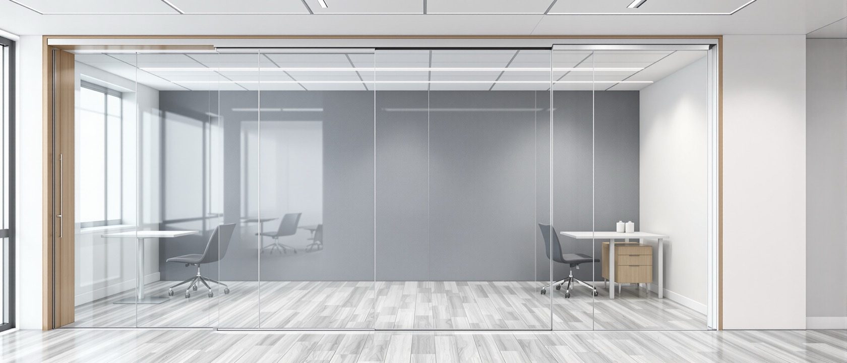 A modern office interior divided by a slim double-glazed glass partition with a sliding-folding timber-framed divider beyond, a fabric-wrapped acoustic panel on one wall, clean daylight, crisp detailing, no text