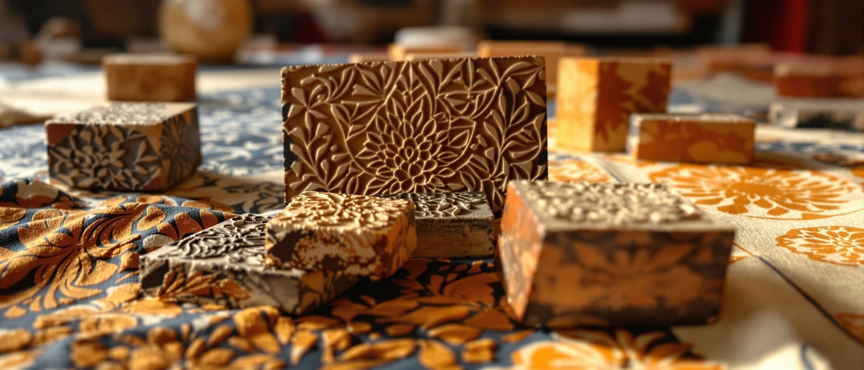 A close view of carved wooden printing blocks and freshly hand-block-printed cloth in indigo and ochre drying on a table in a craft workshop, warm daylight, no people, no legible text
