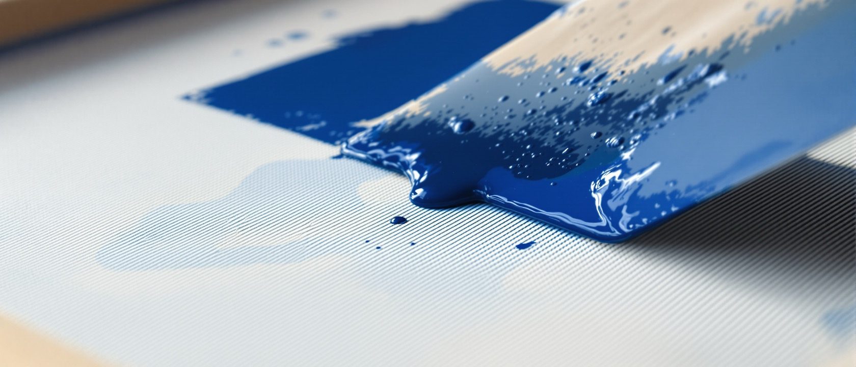 A close view of a screen-printing frame with a squeegee laying flat indigo colour onto cloth on a print table in a bright studio, an abstract geometric print emerging, no people, no legible text