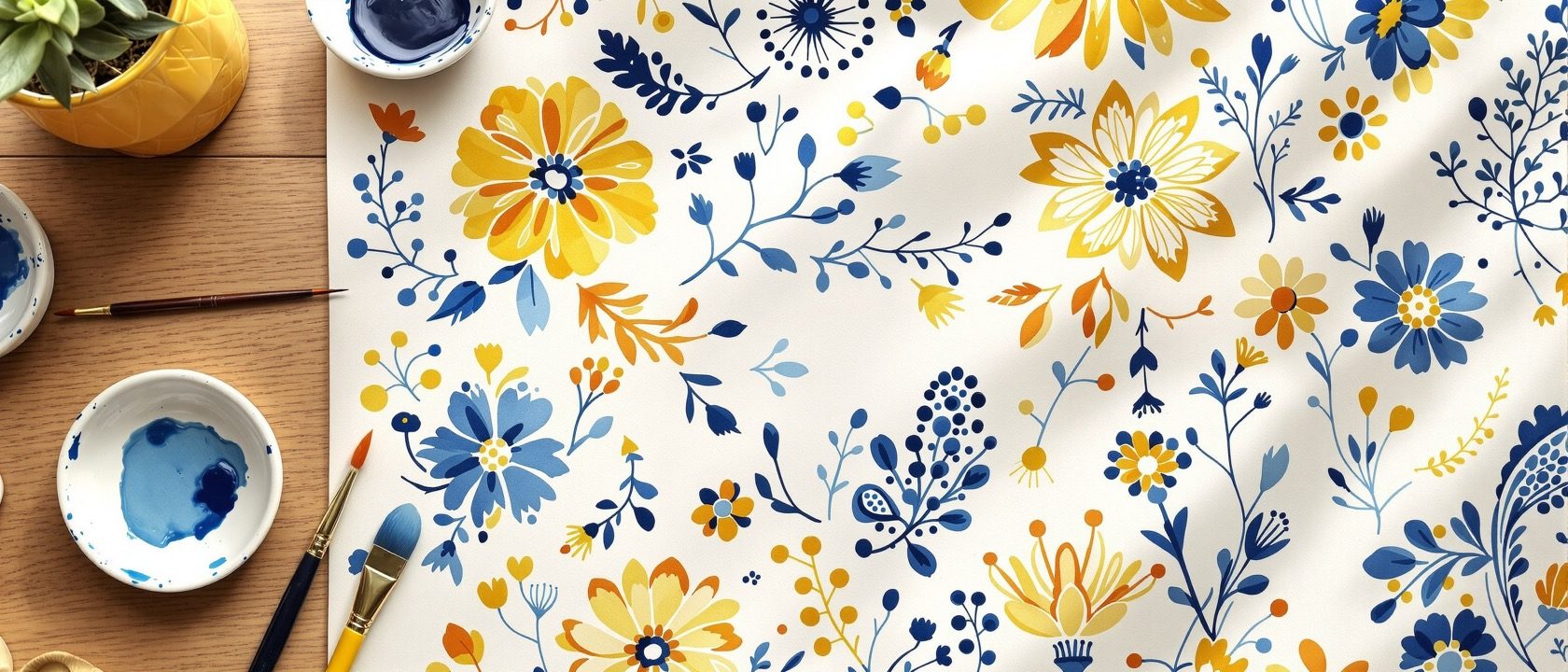 A close overhead of a designer's worktable with hand-painted textile motifs and a repeating paisley pattern in indigo and ochre on paper, brushes and a colour palette, warm light, no legible text
