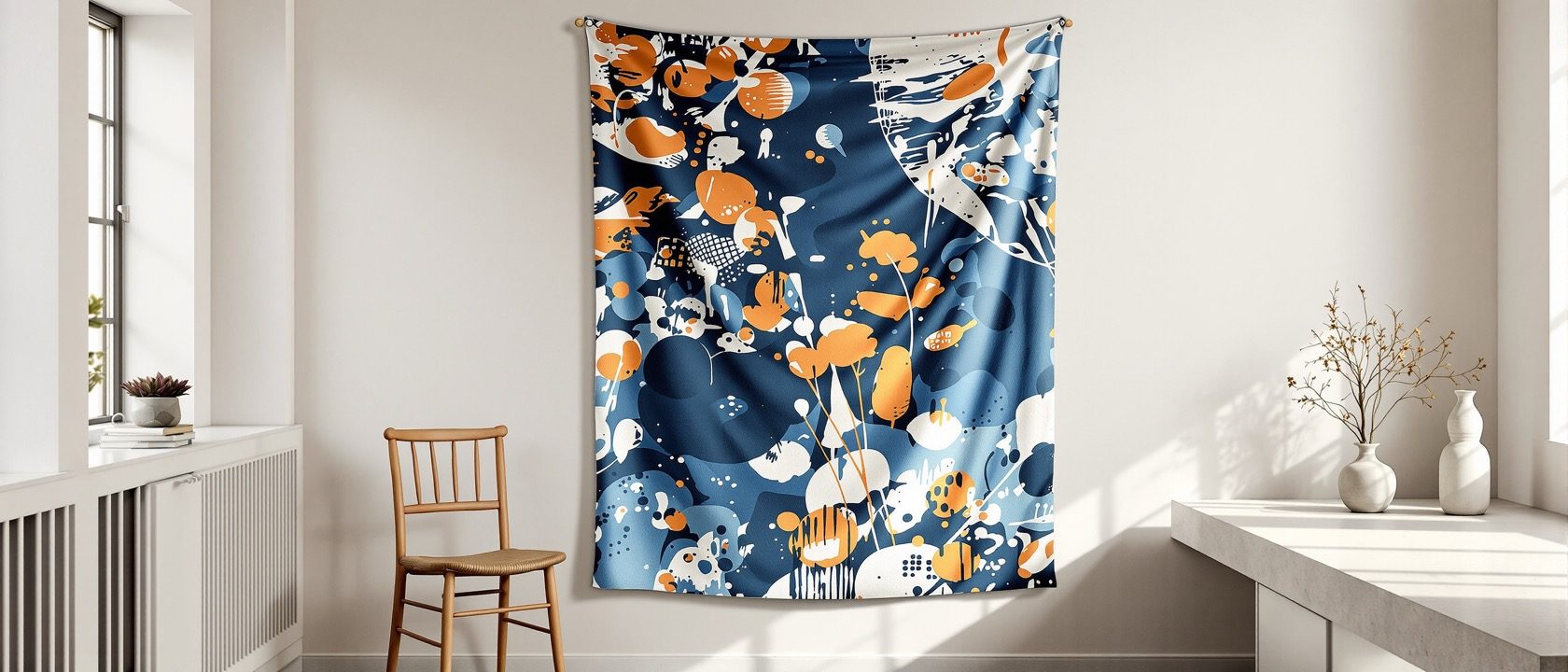A finished hand-printed textile wall hanging in indigo and ochre displayed at full scale beside a wooden chair and a stone surface in a bright interior, warm daylight, no people, no legible text