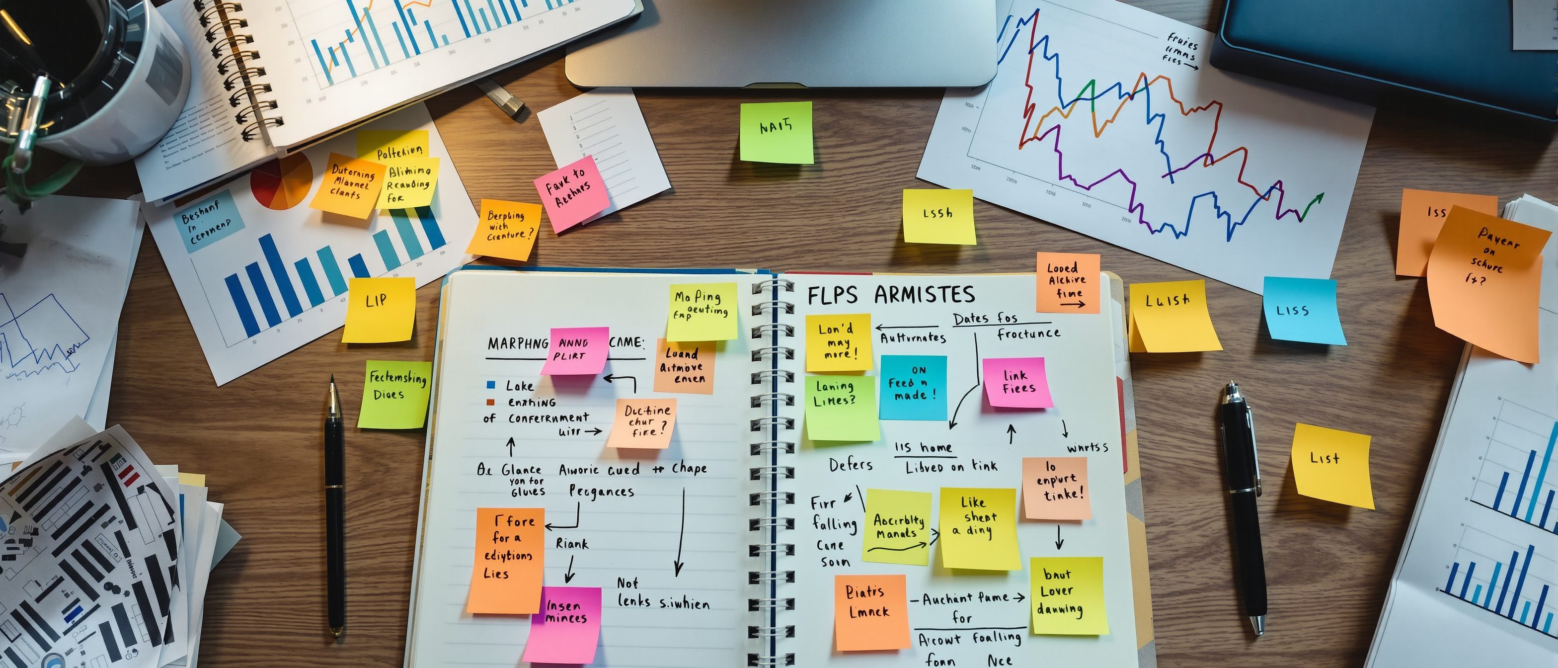 A researcher's desk with printed data charts, a notebook of analysis and coloured sticky notes mapping an argument from evidence to conclusion.