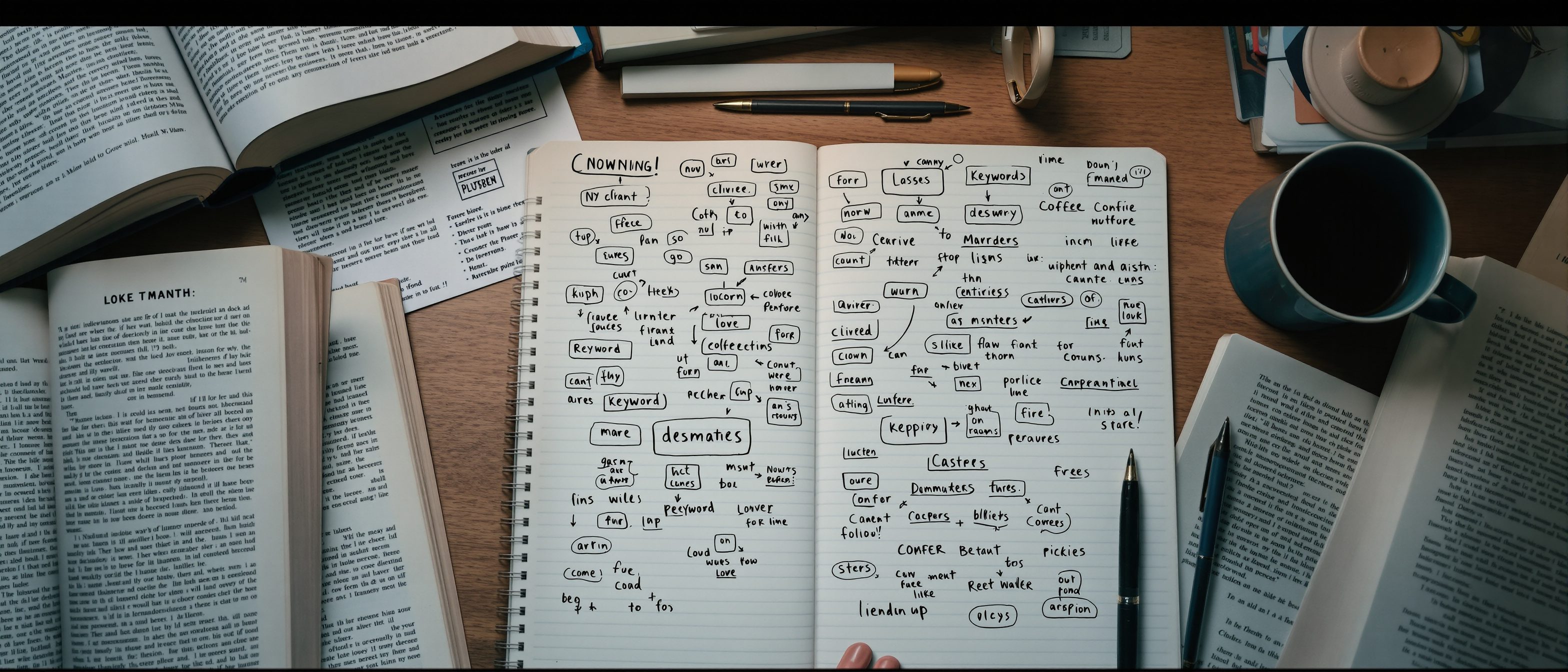 An architecture student at a desk surrounded by open books, journals and a notebook of mind-maps, narrowing a broad interest into a focused dissertation topic.