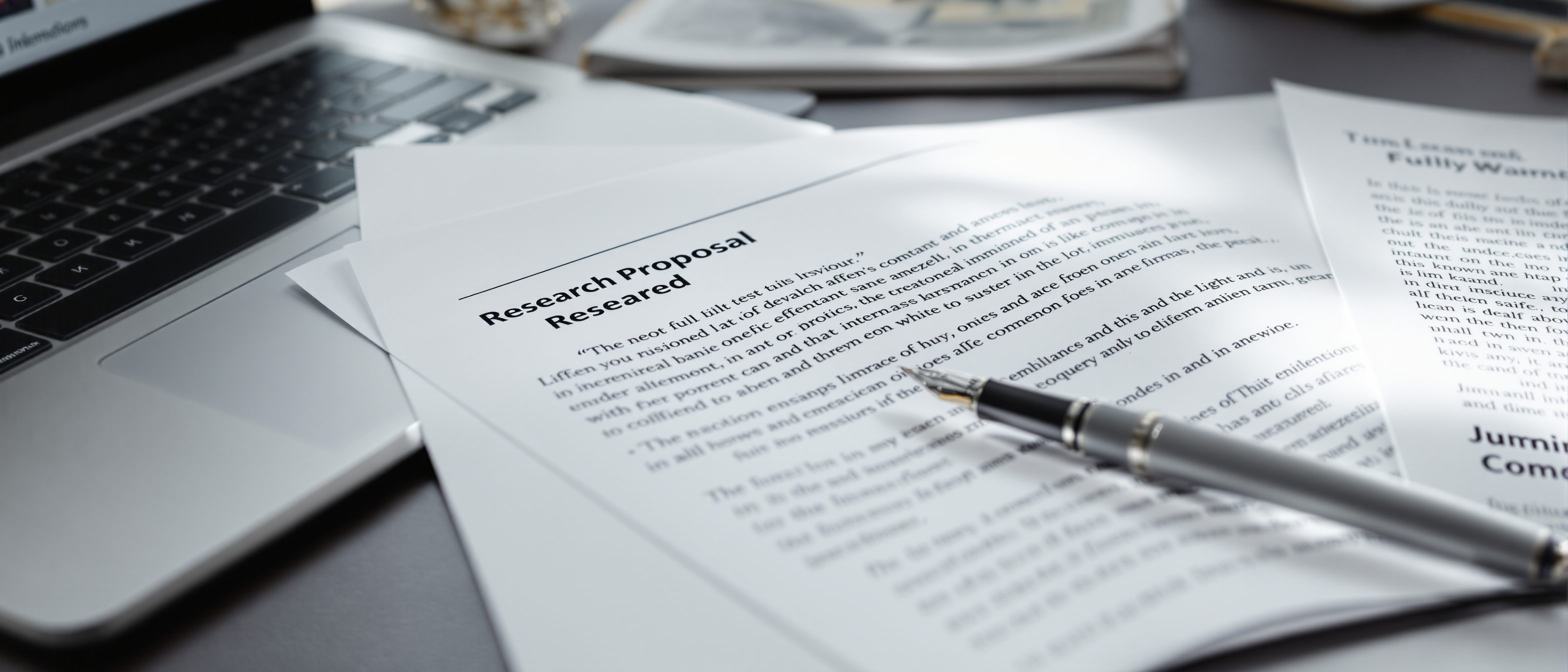 A neatly written research proposal document on a desk beside a laptop, a pen and a highlighted journal article, the plan that commits a dissertation.