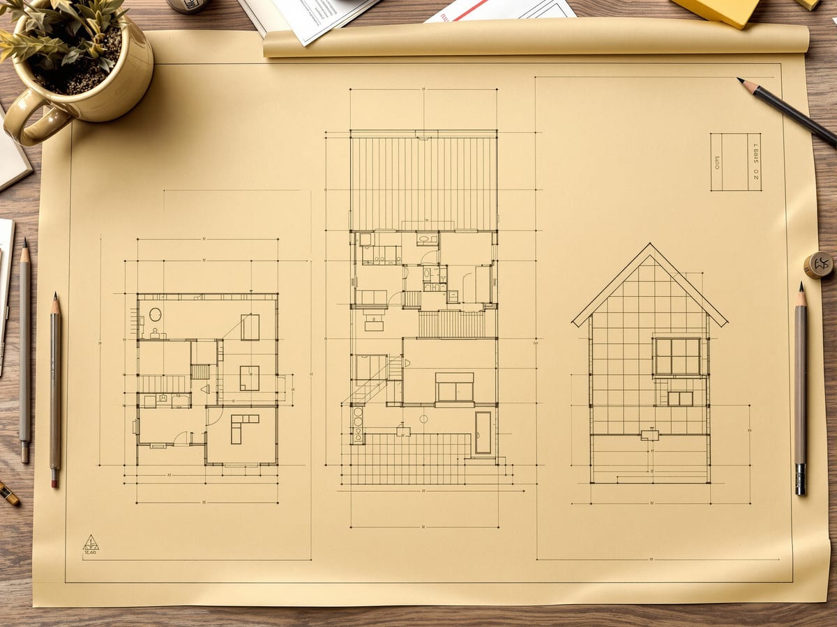 Three orthographic views of a simple house — plan, elevation and section — laid out in alignment on a single sheet.