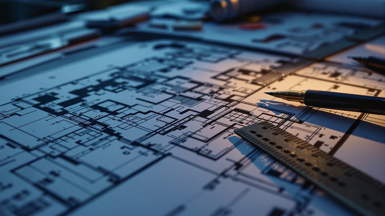 A drafting table lit from the side, a half-finished floor plan under a parallel rule, the cut walls just being filled in with dark poché.