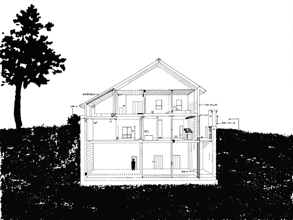 A building section with its cut floor, wall and roof toned dark, interior elevations of walls reading lighter in the space beyond.