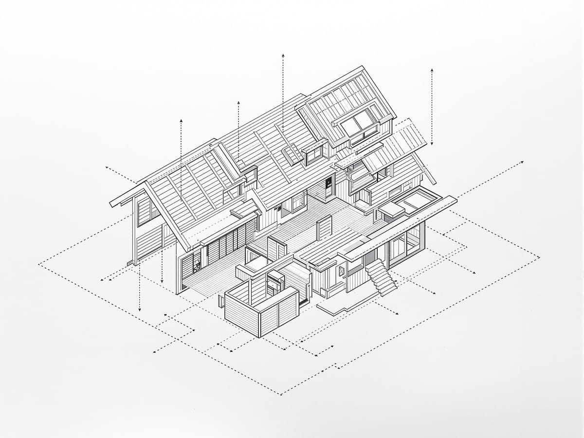 Close crop of an exploded axonometric, timber floor plates and roof lifted apart along fine dashed axis lines to reveal the frame between them.