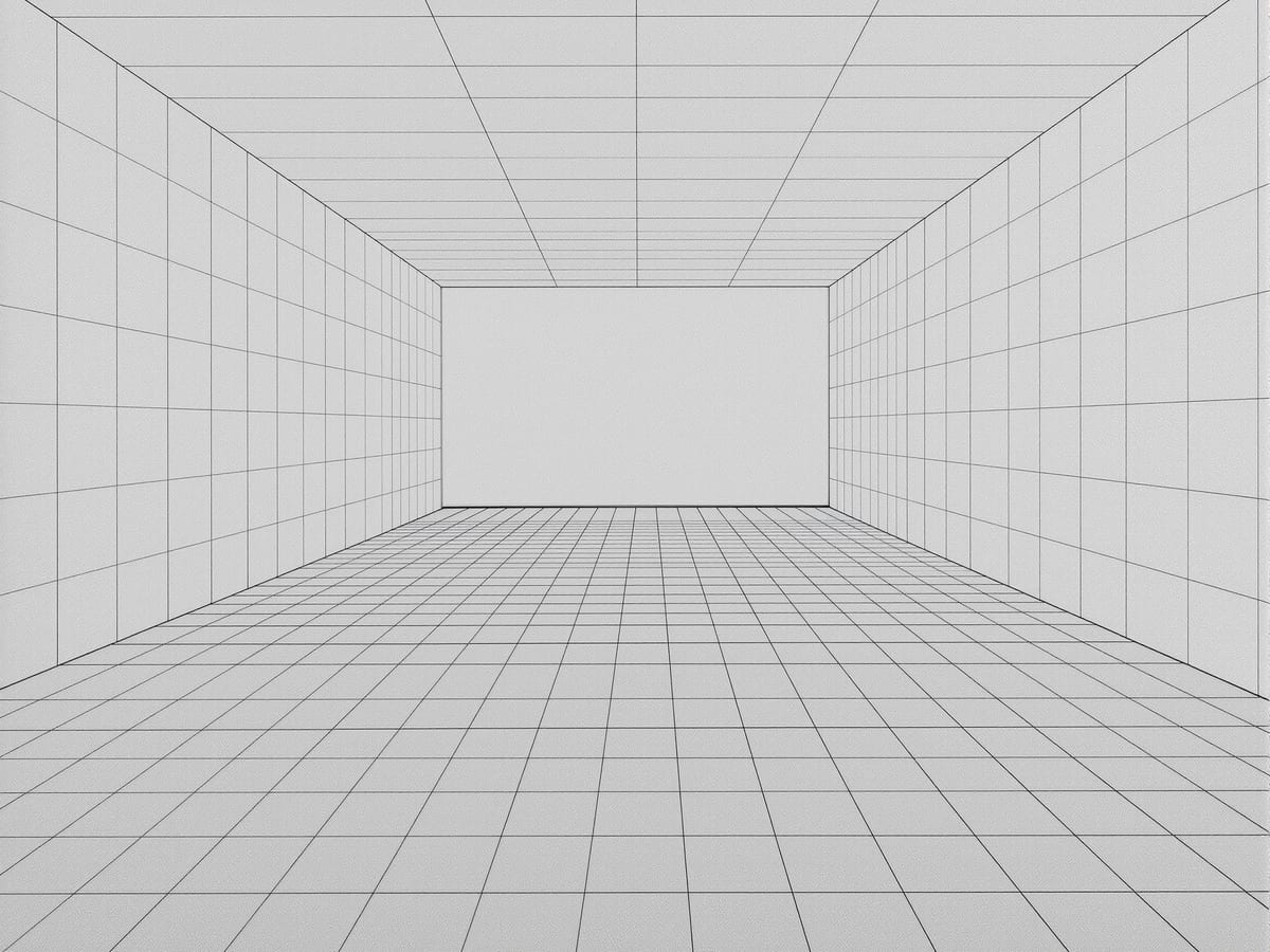 A one-point perspective grid on tracing paper, receding floor squares converging to a single central point on a lightly ruled horizon.