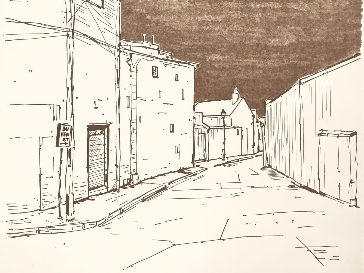 A two-point perspective of a street corner, verticals upright while both walls run away to vanishing points off the edges of the sheet.