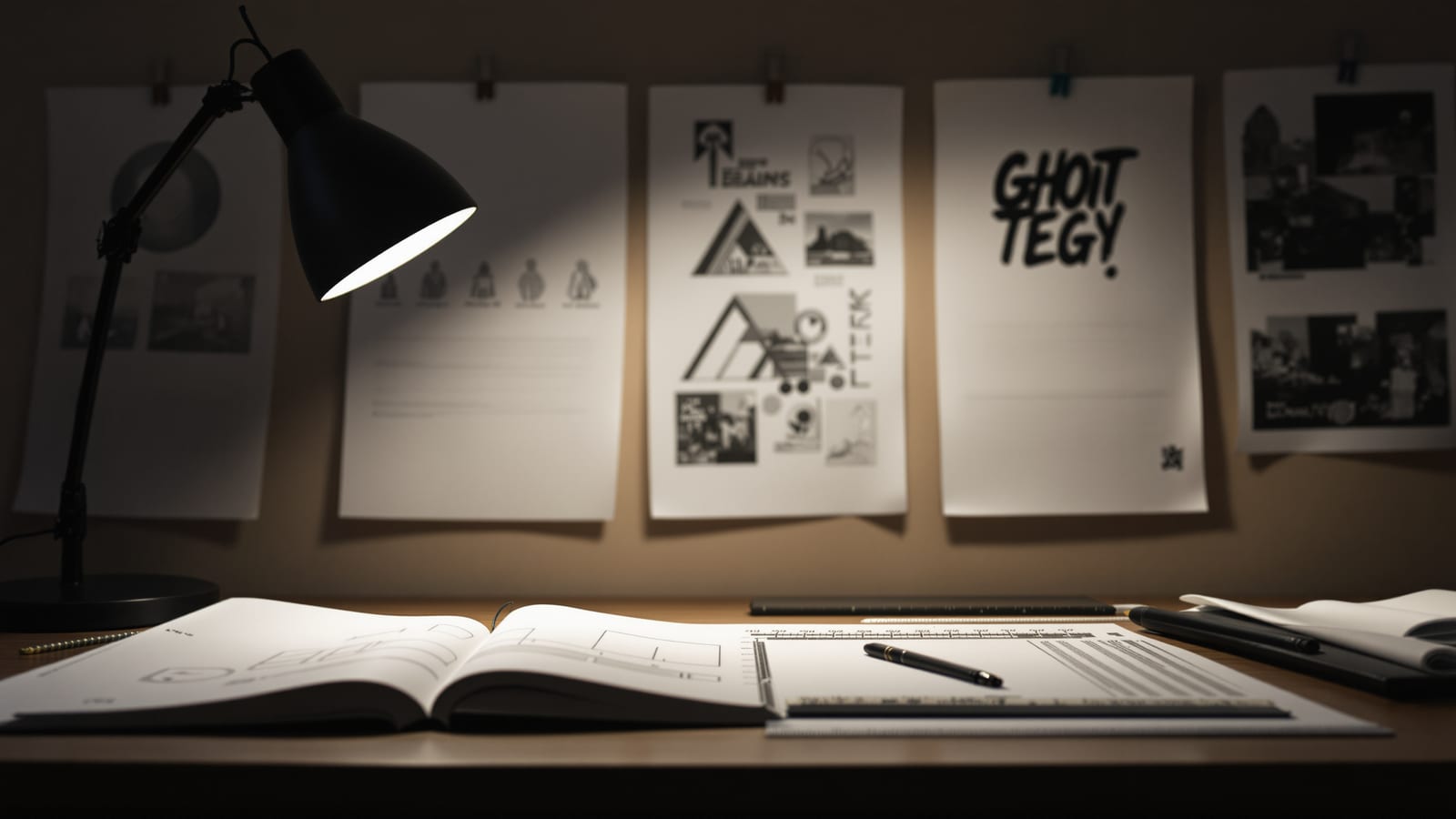 An architecture student's desk at dusk, a layout of pinned presentation sheets and an open sketchbook lit by a warm lamp, pens and a scale rule at rest.